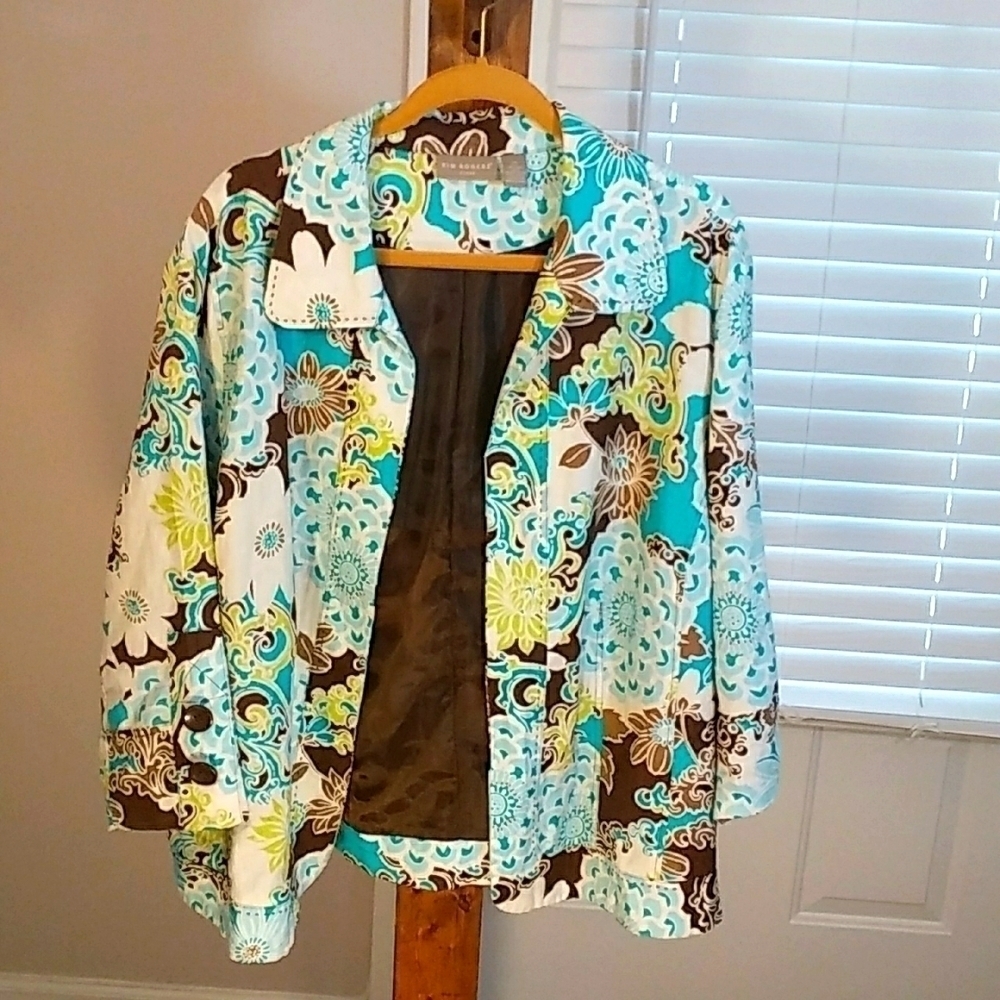 Kim Rogers 100% Linen Green White Open Jacket Blazer 3/4 Sleeves Lined Size 2X - Picture 9 of 10